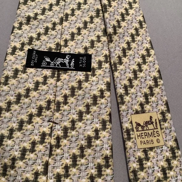 Hermes Paris silk tie Made in France Yellow Gray Green Black Hashtag Pattern - Picture 3 of 6
